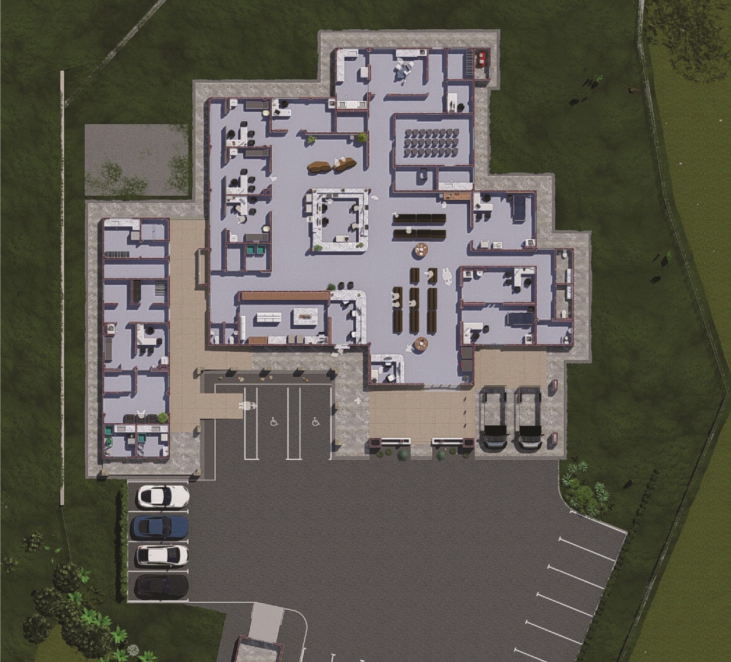 Rendered floor plan of the RBPF Clinic with reception, waiting area, clinical rooms, parking and drop-off (artist's impression)