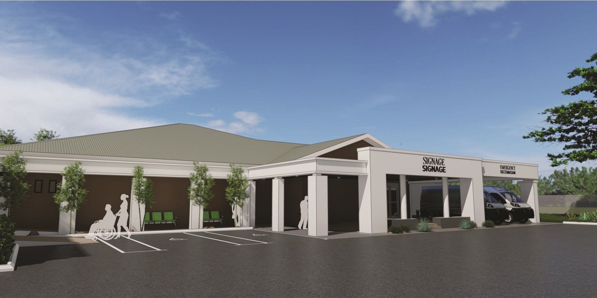 The RBPF Clinic entrance canopy and covered waiting walkway seen from the car park (artist's impression)