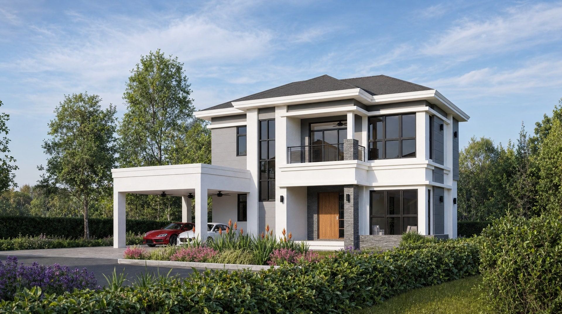 Front of one of the houses at Kg Beribi, a two-storey house with a carport and first-floor balcony (artist's impression)