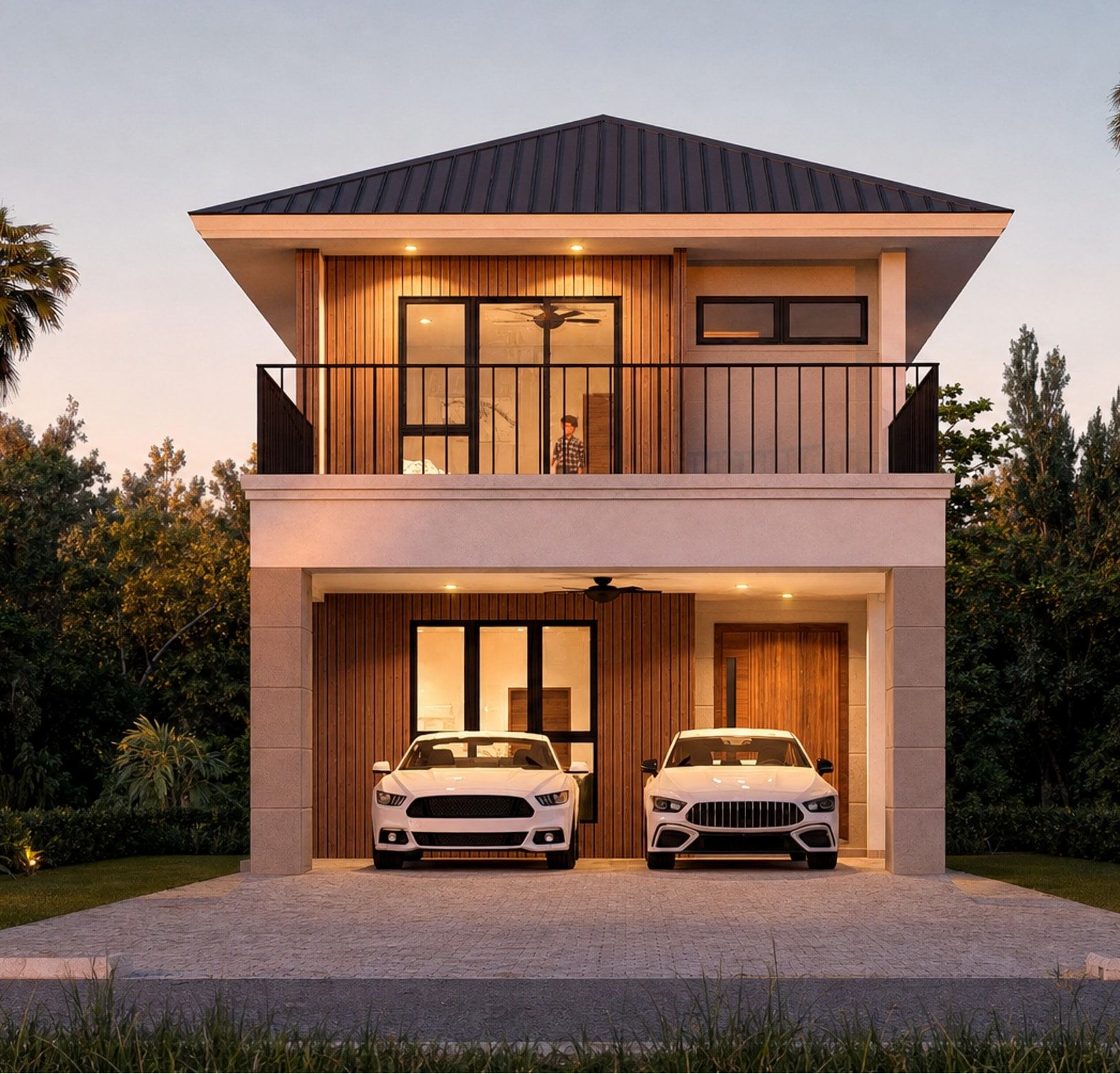 Front view of a house at Kg Tanjong Nangka with a carporch for two cars under a first-floor balcony (artist's impression)
