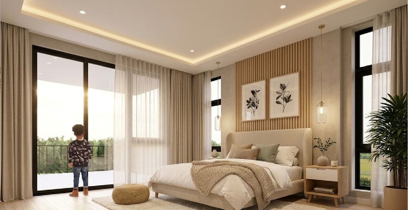 Master bedroom with a timber-slatted feature wall and a balcony door (artist's impression)