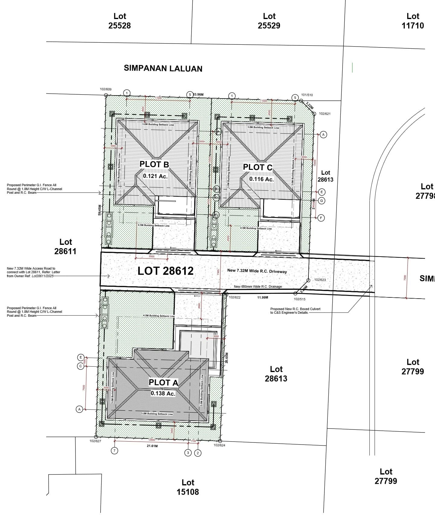 Site development plan of the lot at Kg Beribi showing Plots A, B and C on either side of the new shared driveway
